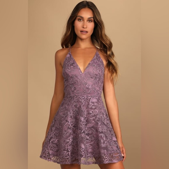 Lulus Dresses & Skirts - Lulus NWT Just Us Tonight Purple Embroidered Strappy Skater Dress
